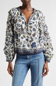 Ulla Johnson Azrou Floral Ruffle Split Neck Peasant Top