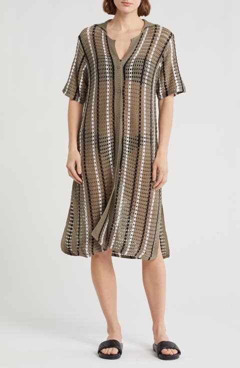 Open Knit Button-Up Cover-Up Dress