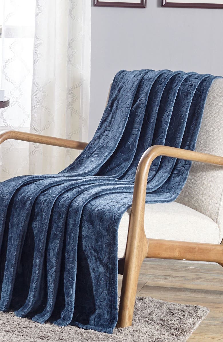 Luxury Home Dama Embossed Fleece Throw Blanket, Alternate, color, Oxford Blue