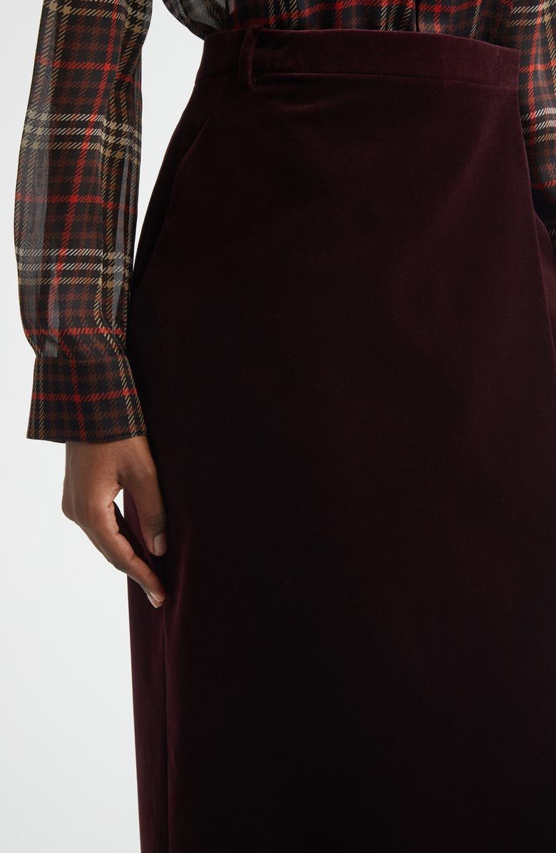 Saint Laurent Velveteen Faux Wrap Midi Skirt, Alternate, color, Vino