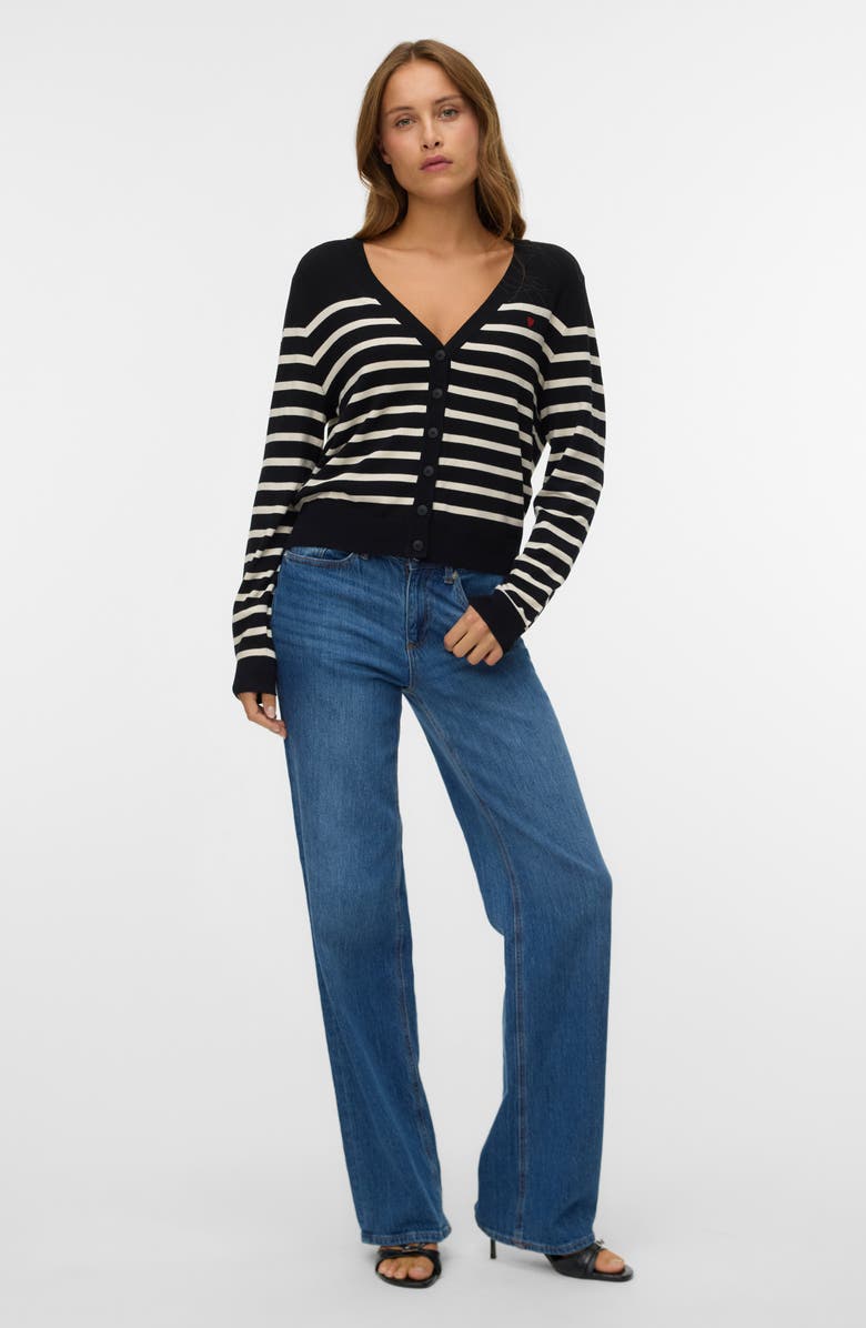 VERO MODA Dory Stripe V-Neck Crop Cardigan, Alternate, color, Black/ Birch