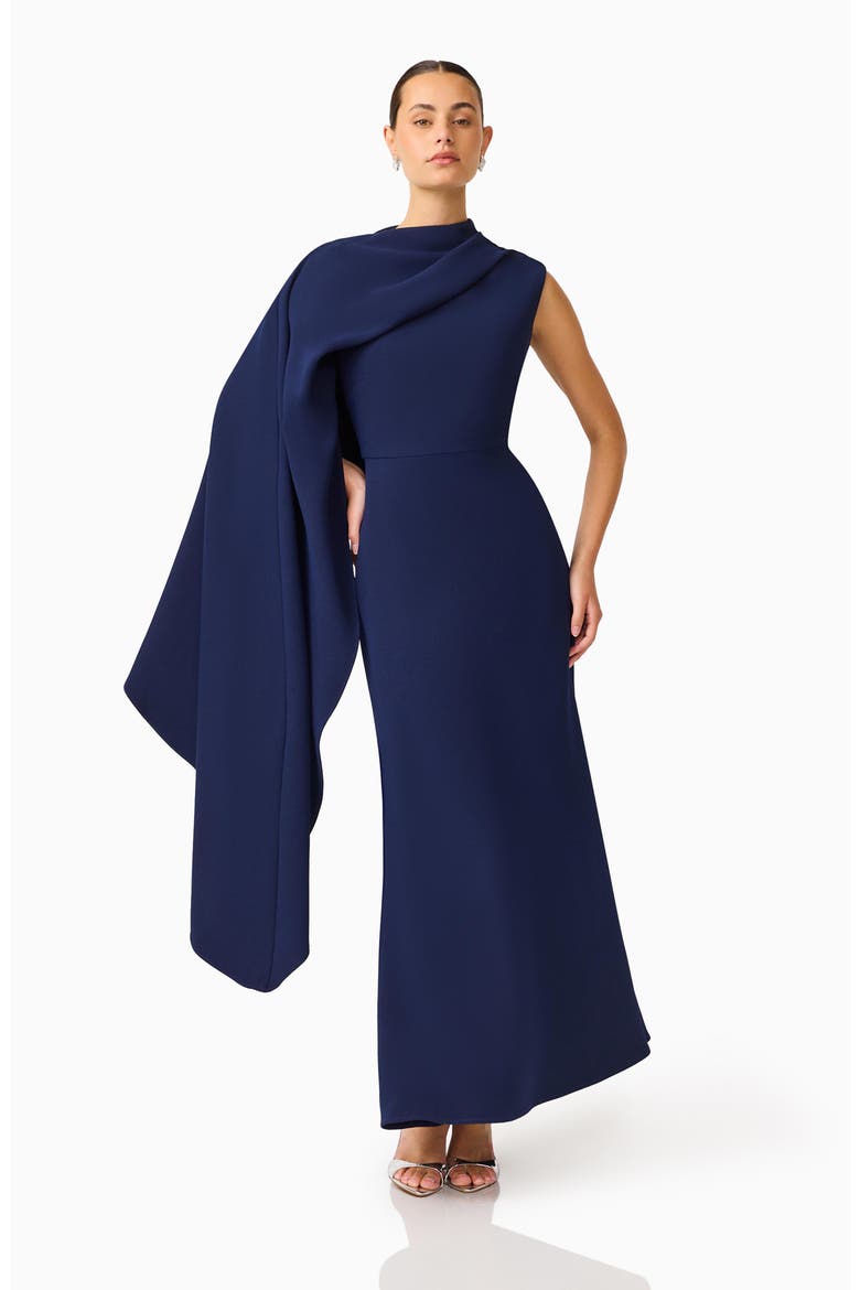 Leonara Asymmetric Cape Dress, Alternate, color, DEEP NAVY