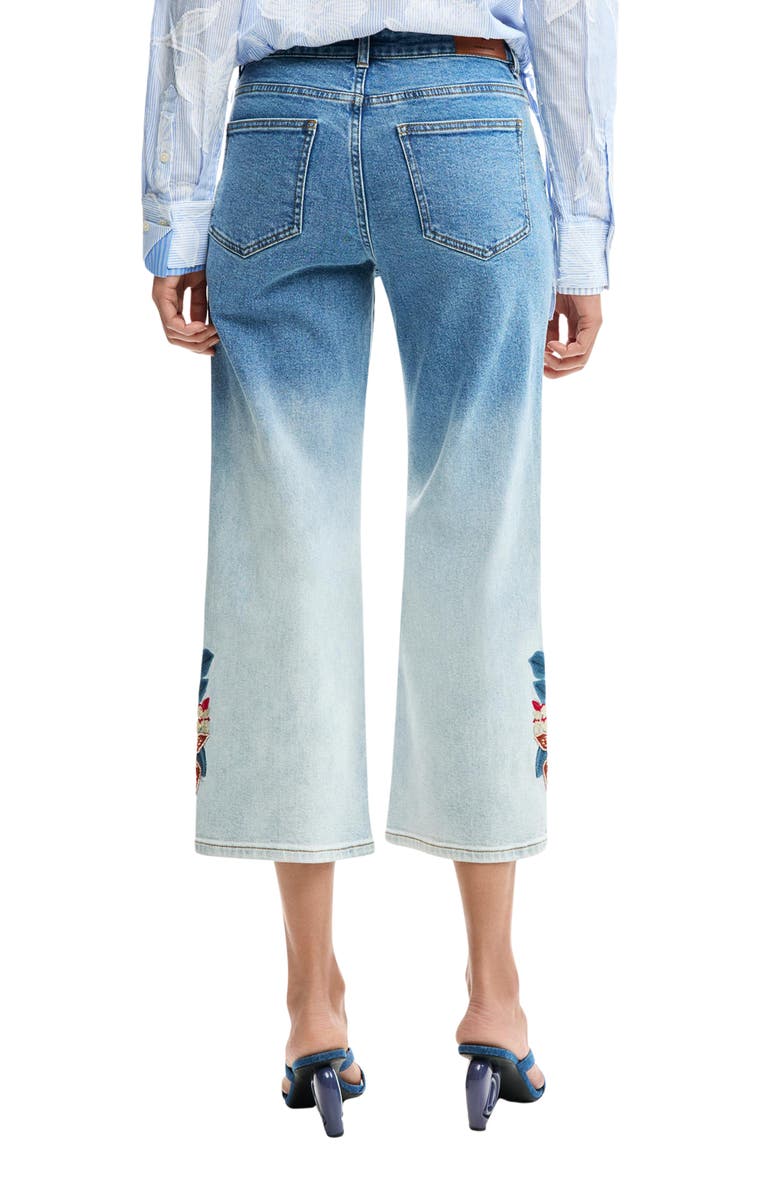 Desigual Floral Embroidered Gradient Crop Wide Leg Jeans, Alternate, color, Medium Blue