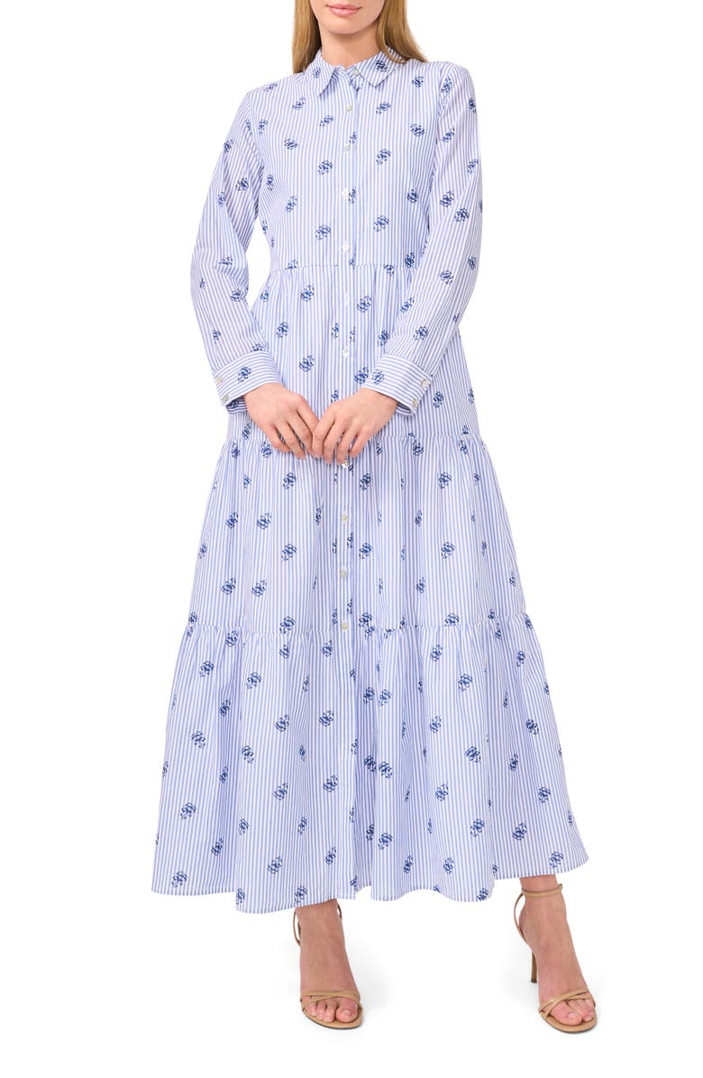 CeCe Embroidered Flower Stripe Long Sleeve Cotton Maxi Shirtdress, Main, color, Ocean Blue