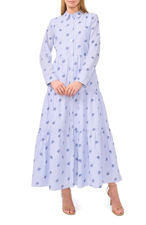 Embroidered Flower Stripe Long Sleeve Cotton Maxi Shirtdress