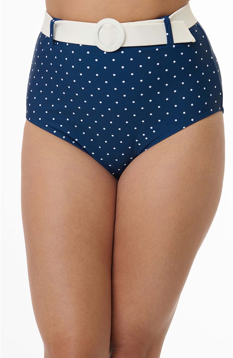 Unique Vintage High Waisted Belted Redondo Swim Bottoms, Main, color, Navy & White Pin Dot