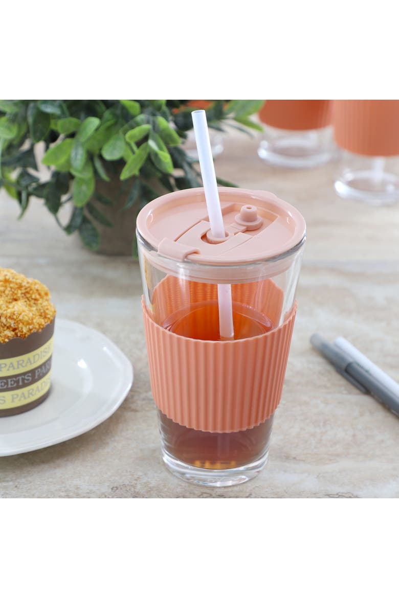 4 Piece 15 Ounce Glass Cup Set w/ Lid and Straw, Alternate, color, Pink