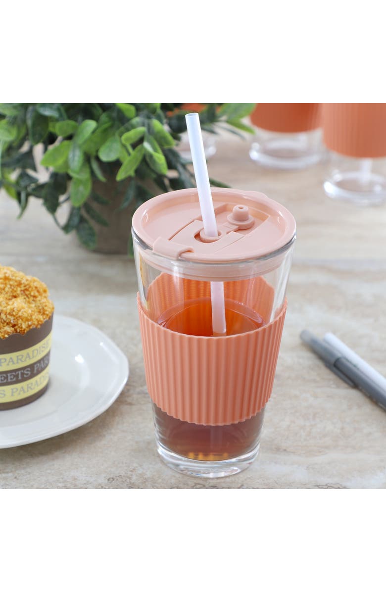 Mr. Coffee Sip Savvy 4 Piece 15 Ounce Silicone Sleeve Glass Cup Set w/ Lid and Straw, Alternate, color, Pink