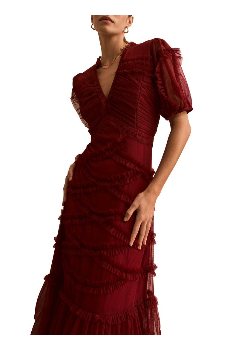 Short Sleeve Tulle Ruffle Maxi Dress, Alternate, color, Burgundy
