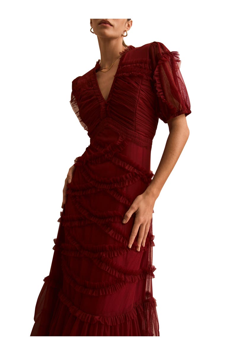 MINT VELVET Short Sleeve Tulle Ruffle Maxi Dress, Alternate, color, Burgundy