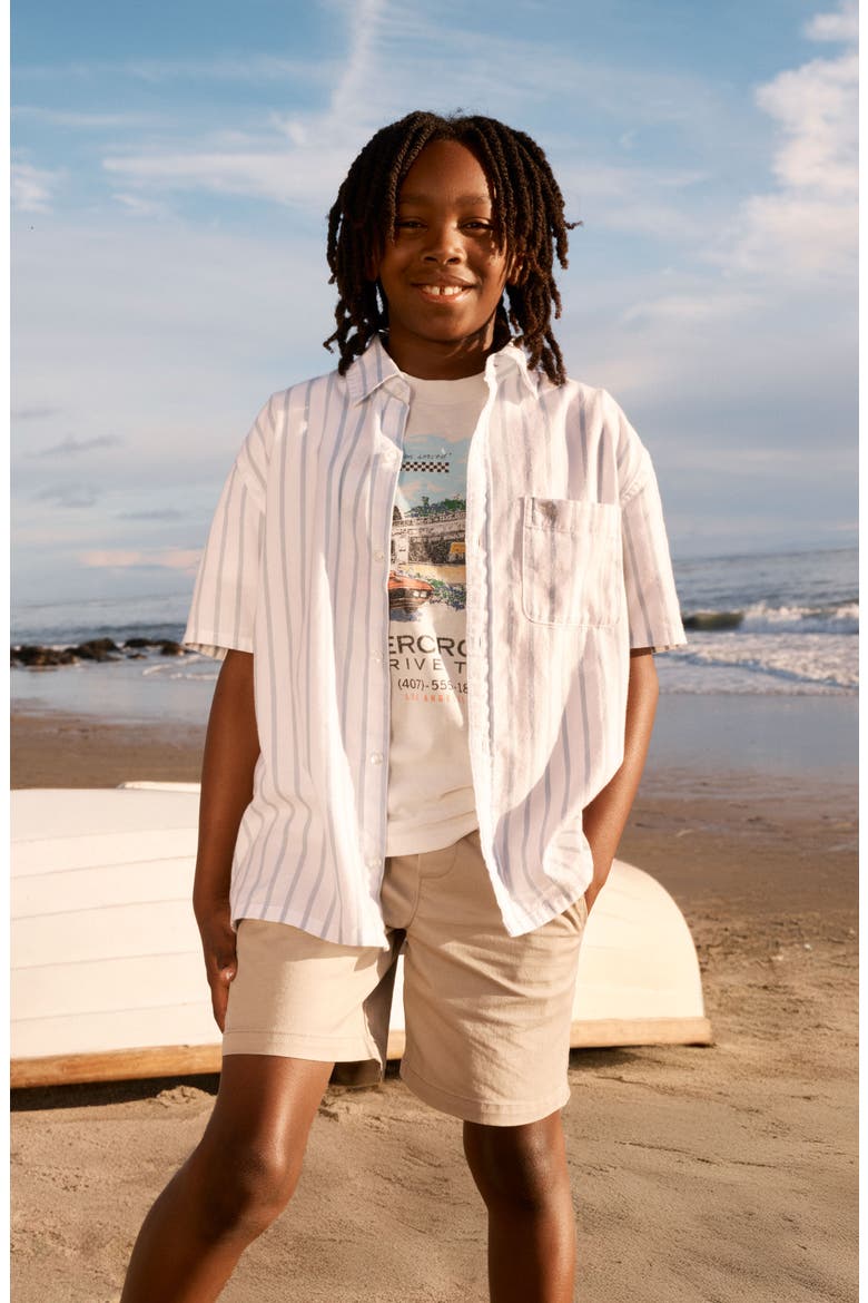 Kids' Oversize Icon Stripe Short Sleeve Cotton Button-Up Shirt, Alternate, color, BLUE FOG