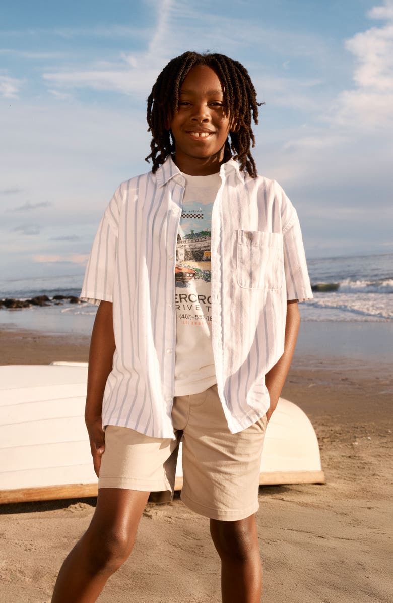 abercrombie kids Kids' Oversize Icon Stripe Short Sleeve Cotton Button-Up Shirt, Alternate, color, Blue Fog