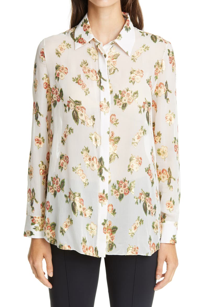 Metallic Floral Fil Coupé Silk Blend Blouse, Main, color, IVORY FLORAL