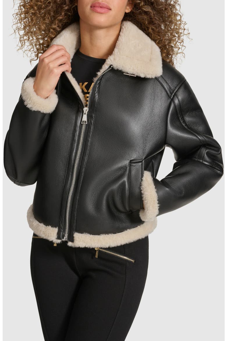 Faux Leather & Faux Shearling Bomber Jacket, Main, color, BLACK