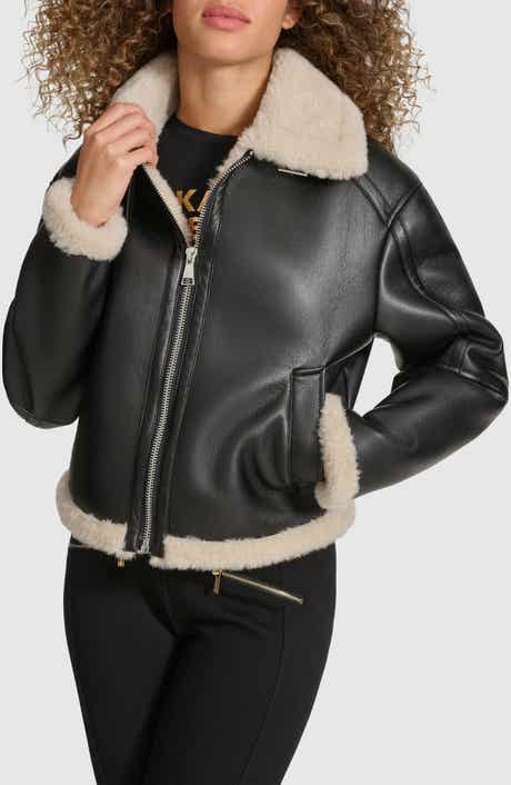 KARL LAGERFELD PARIS Faux Leather & Faux Shearling Bomber Jacket