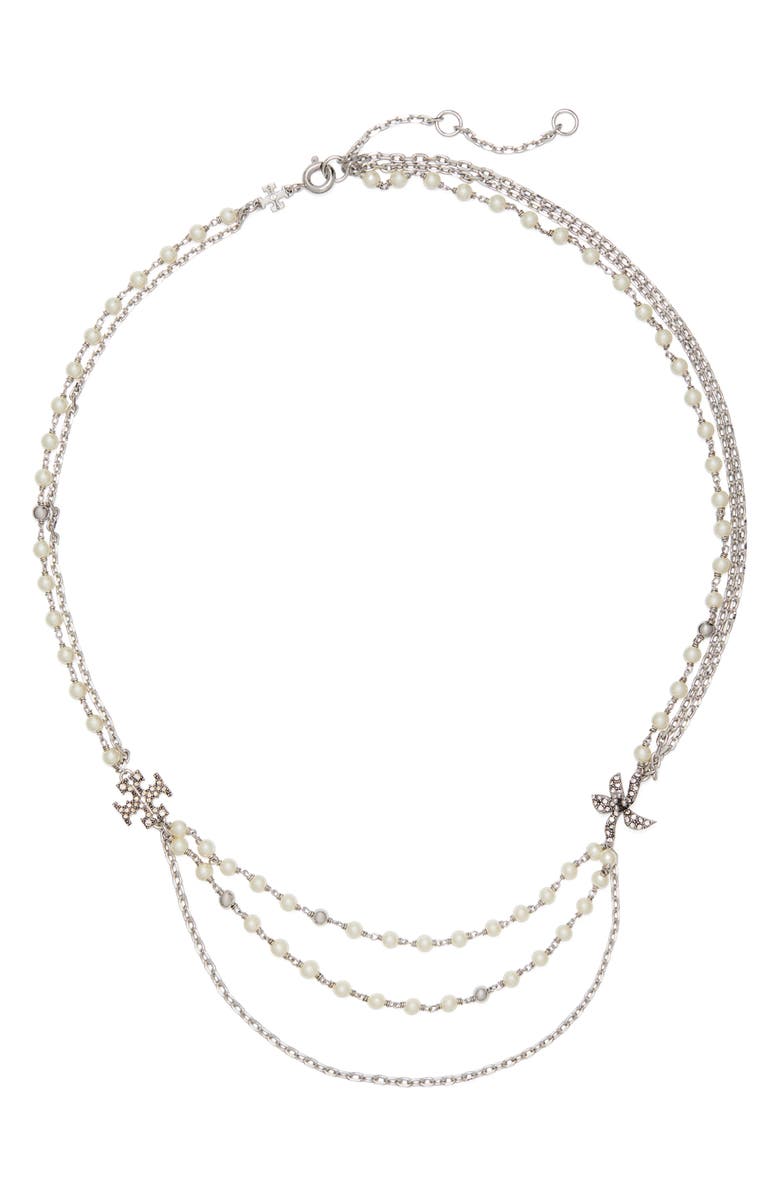 Tory Burch Moondance Layered Necklace, Main, color, Tory Silver / Pearl / Crystal