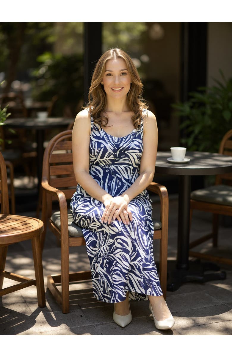 24seven Comfort Apparel Womens Abstract Sleeveless Scoop Neck A-Line Pocket Maxi Dress, Alternate, color, Navy Multi