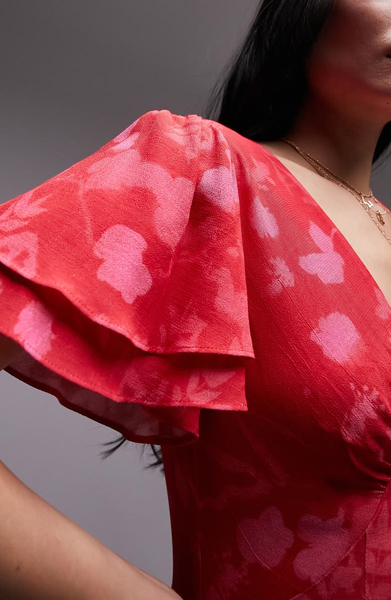 Topshop Bella Floral Flutter Sleeve Minidress, Alternate, color, Red