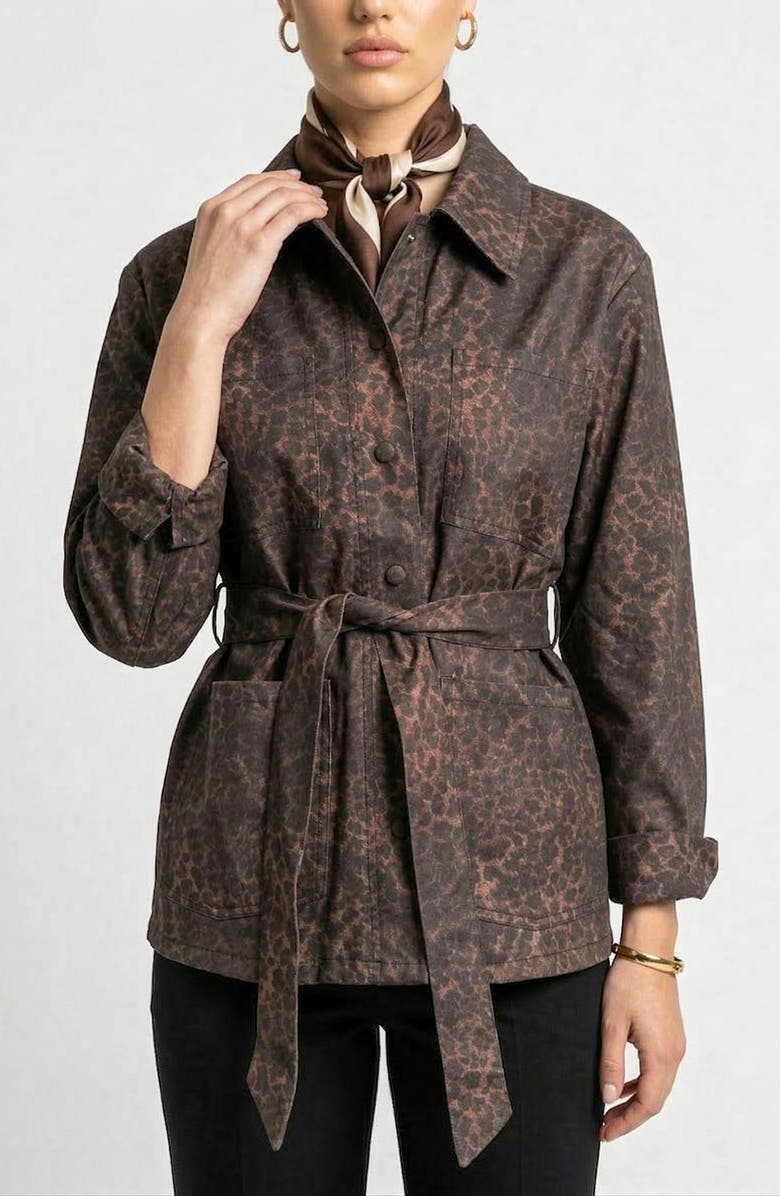 Knit & Lounge Long Sleeve Utility Jacket with Belted Waist and Patch Pockets, Main, color, Animal, Brown
