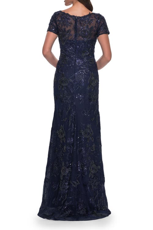 La Femme Gorgeous Beaded Long Gown With Short Sleeves And V Neck In Navy