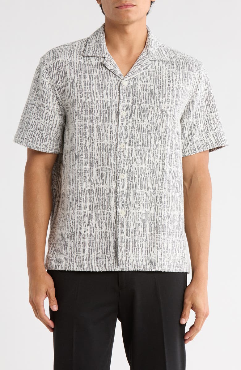 DENIM AND FLOWER Relaxed Fit Line Textured Camp Shirt, Main, color, Off White Black