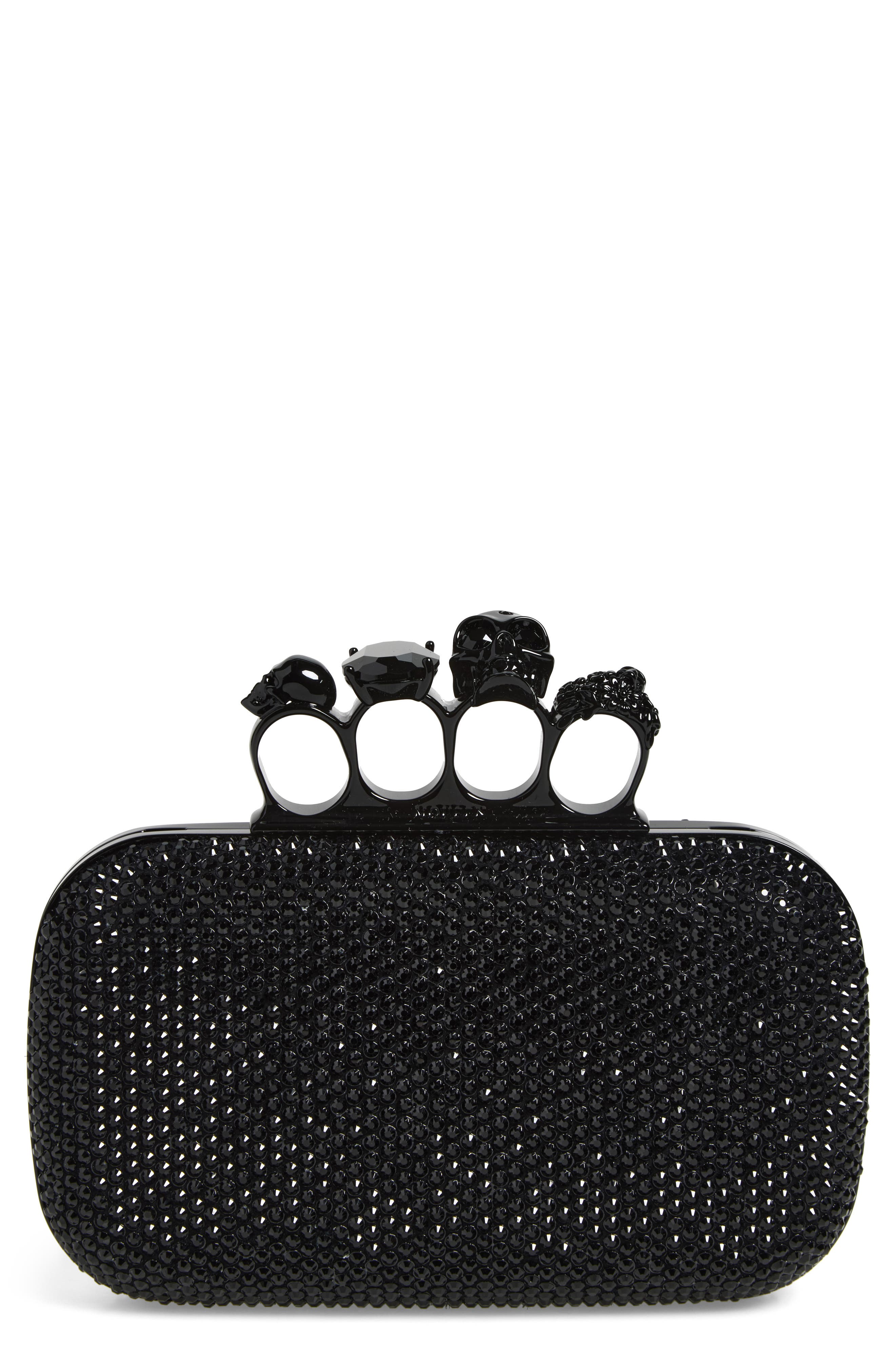 Crystal Embellished Leather Knuckle Clutch, Main, color, BLACK