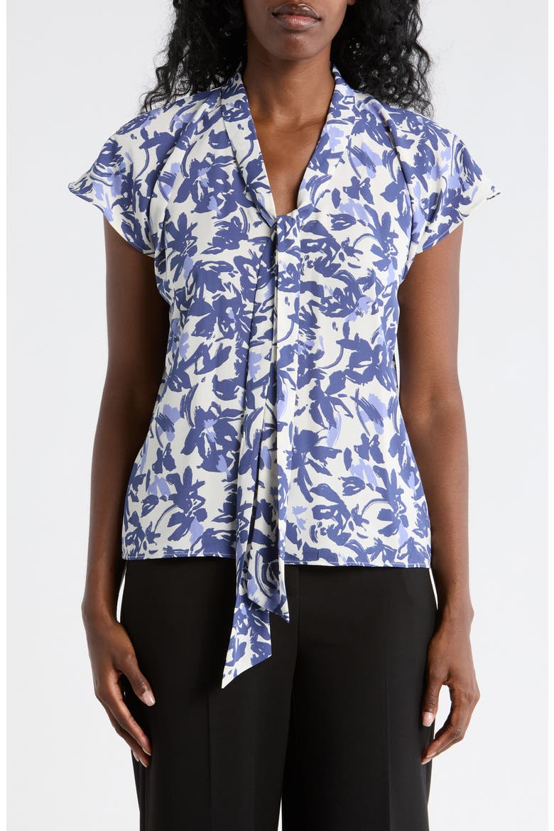 Tie Neck Flutter Sleeve Top, Main, color, IVORY- BLUE ARUBA ABSTRACT
