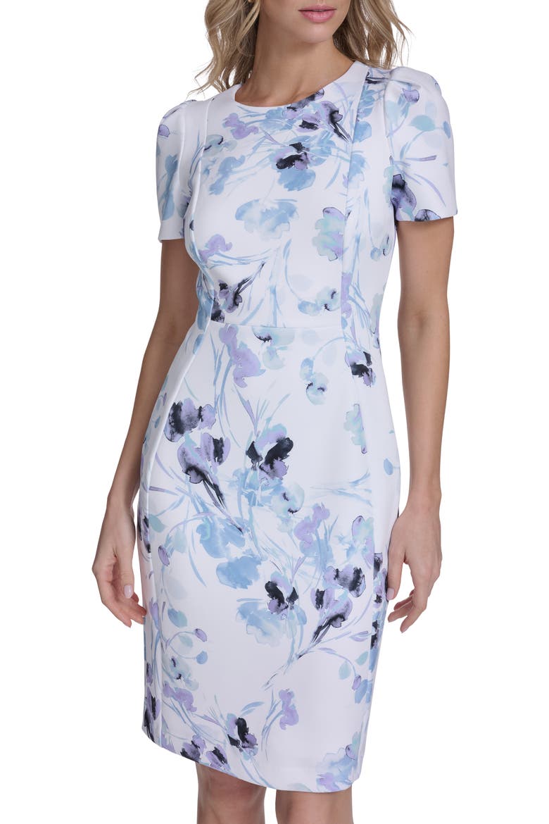 Short Sleeve Sheath Dress, Alternate, color, IVORY / LILAC