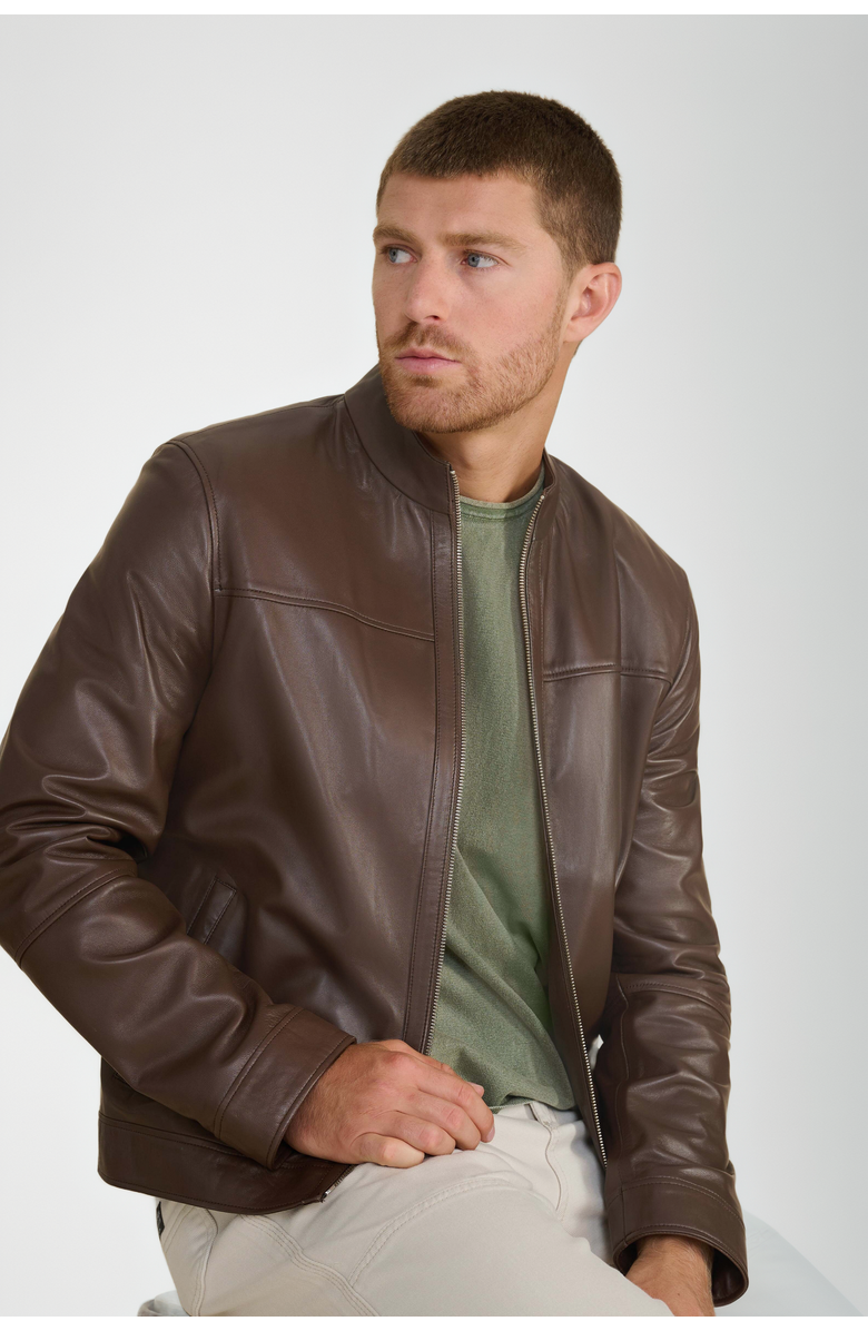 FURNIQ UK Otis Racer Leather Jacket, Alternate, color, Brown