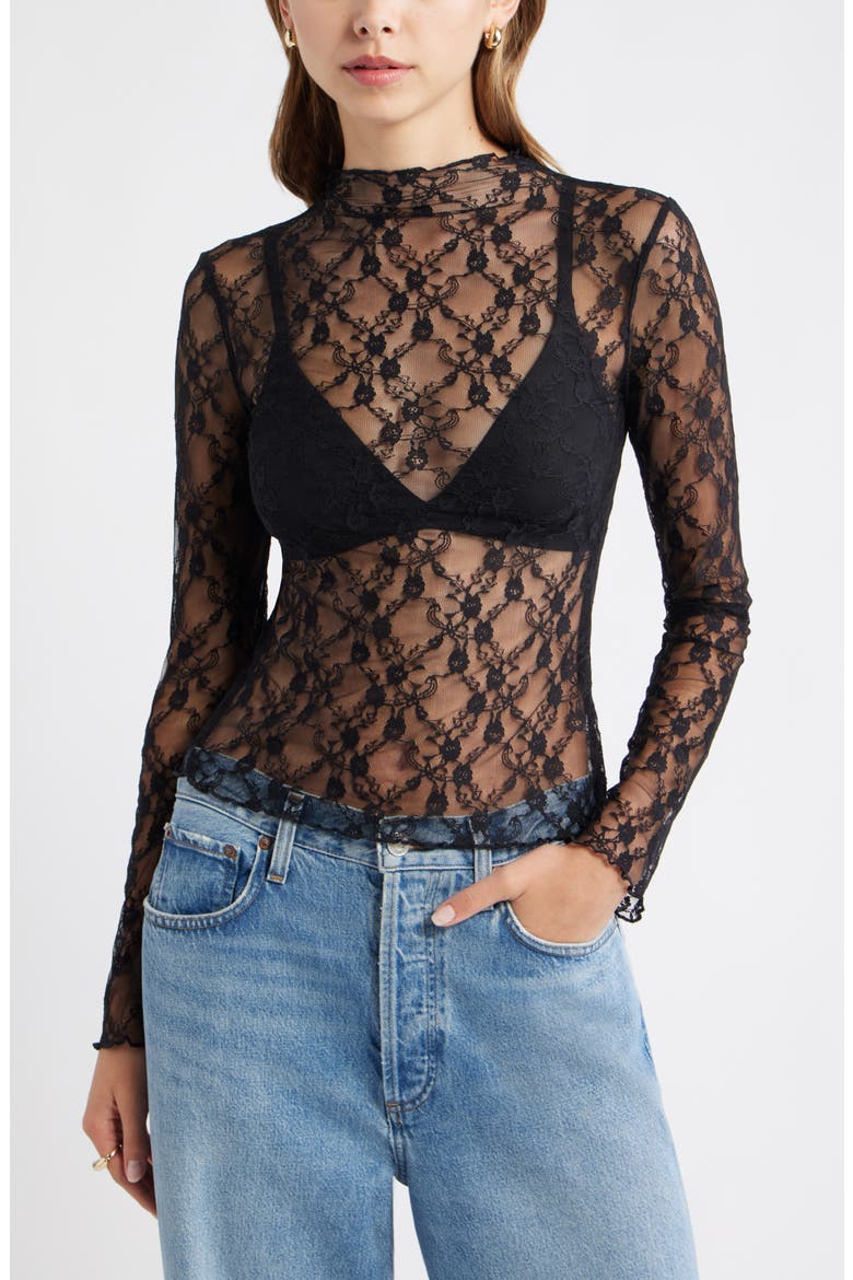 Floral Stretch Lace Top, Main, color, BLACK