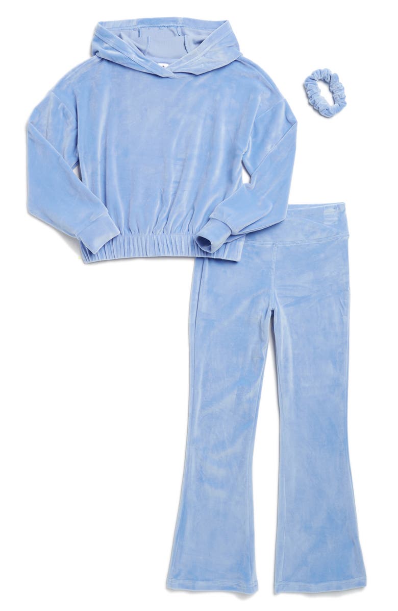 YOGALICIOUS Kids' Velour Hooded Top, Flare Leggings & Scrunchie Set, Main, color, 