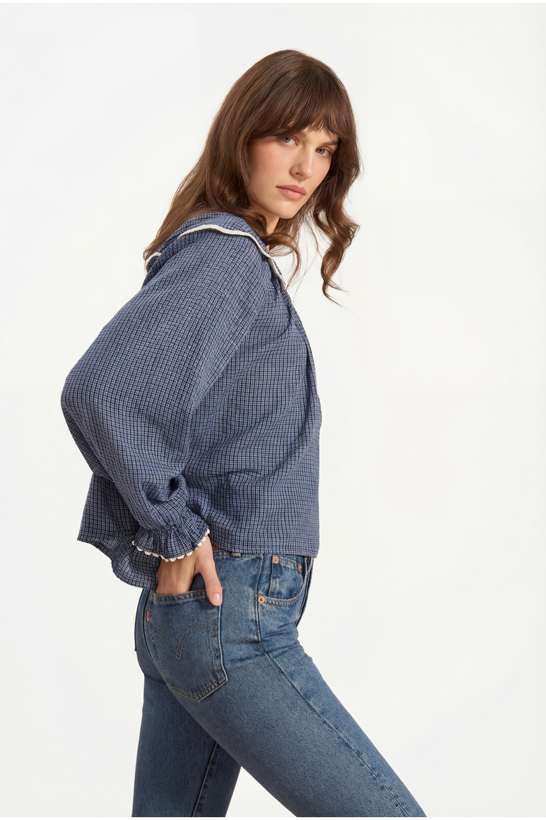 Katharine Blouse, Alternate, color, Denim Check