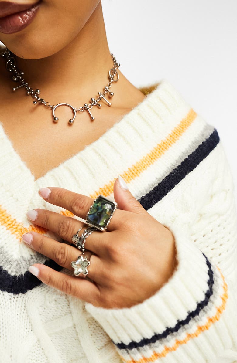 ASOS DESIGN V-Neck Cable Knit Varsity Sweater, Alternate, color, 