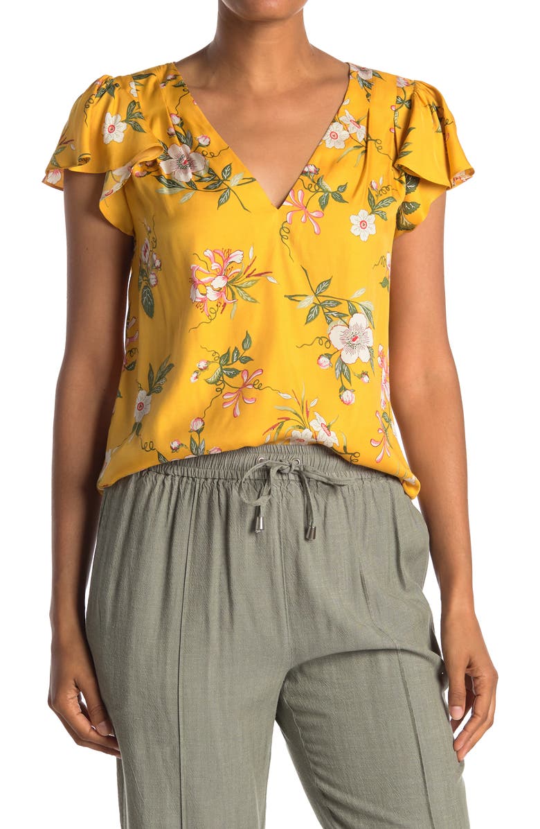 Rebecca Taylor Floral V-Neck Flutter Sleeve Blouse, Main, color, 