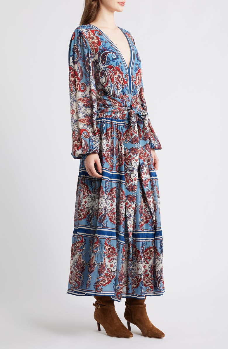 FARM Rio Paisley Scarf Print Long Sleeve Tiered Dress, Alternate, color, Paisley Scarf Cream