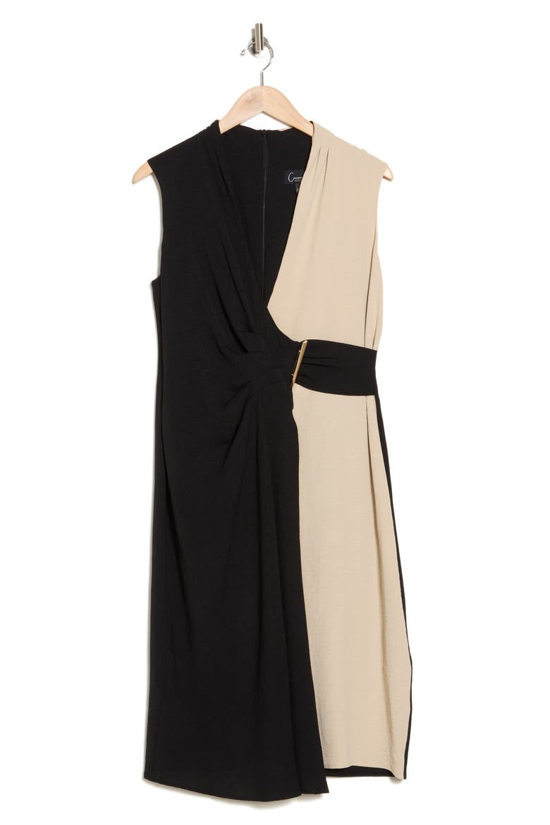 Colorblock Faux Wrap Dress, Alternate, color, SAND/ BLACK