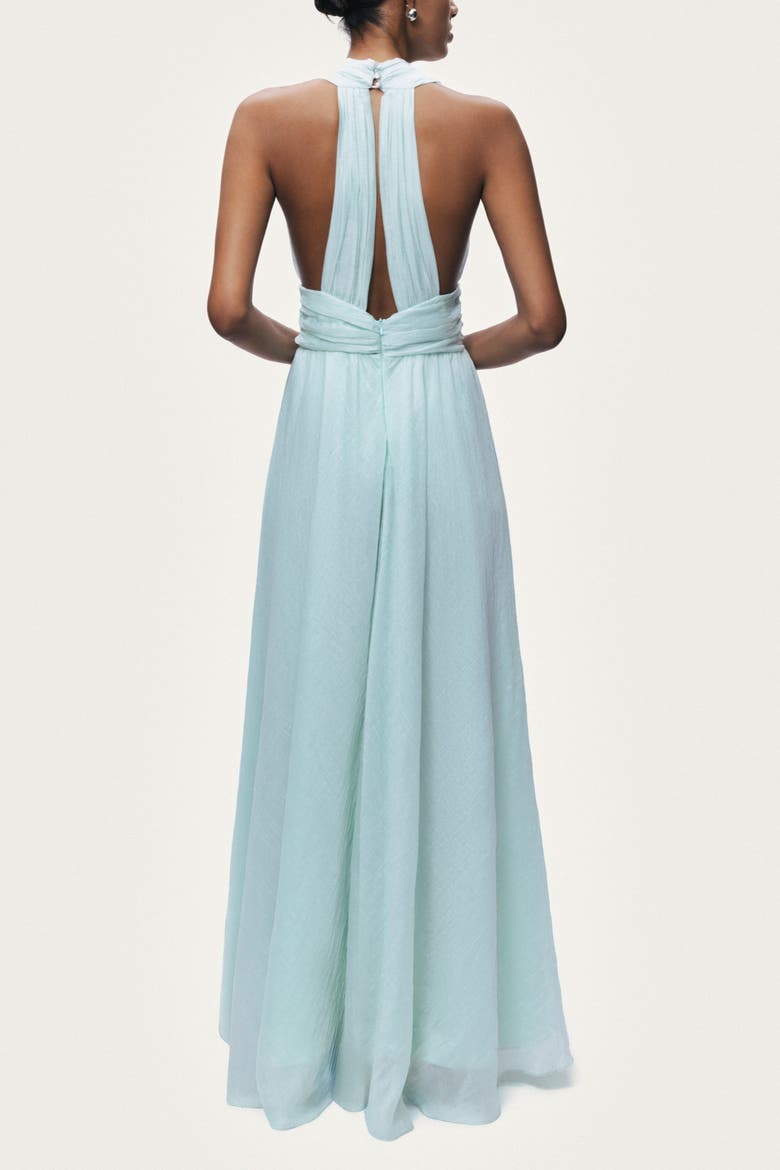 Pleated Halterneck Maxi Dress with Brooch Detail, Alternate, color, Mint Green