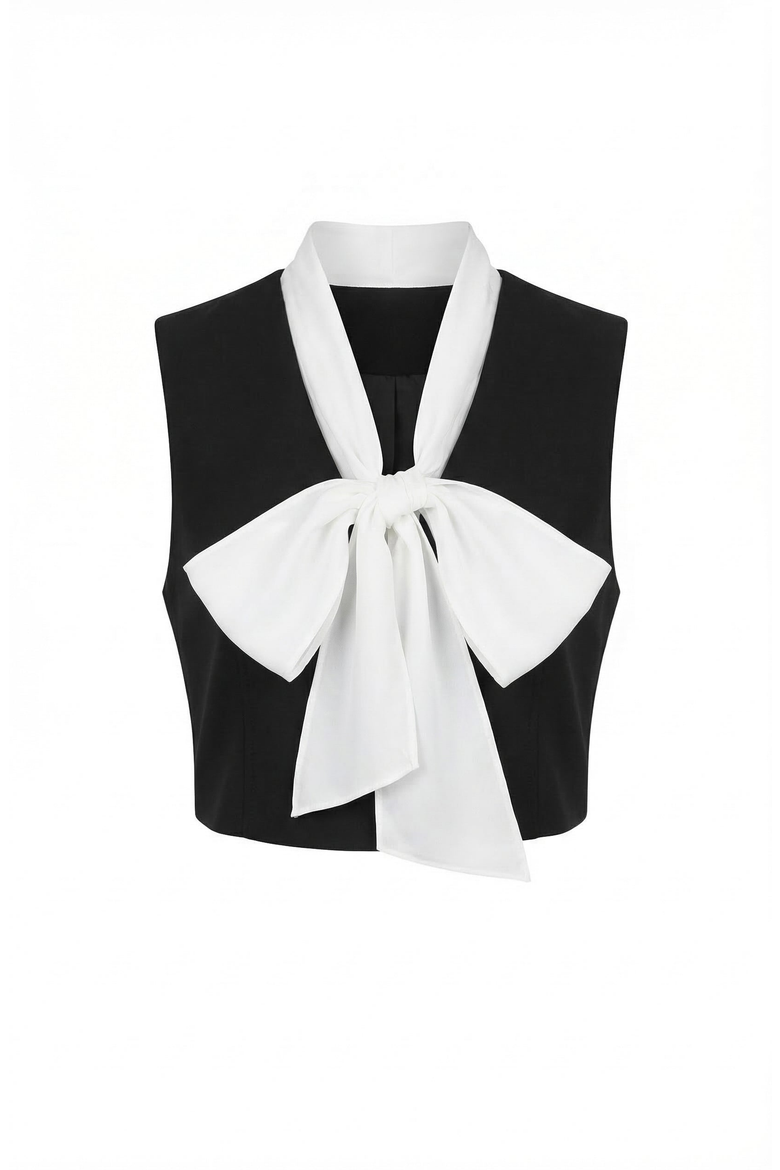 Cropped Sleeveless Top with Bow Tie Neck Detail, Alternate, color, Black / White