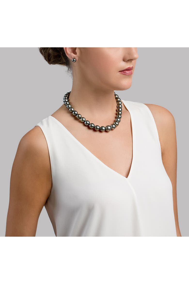 12-14mm Dark Round Tahitian South Sea Pearl Necklace - AAA Quality, Alternate, color, White Gold Clasp