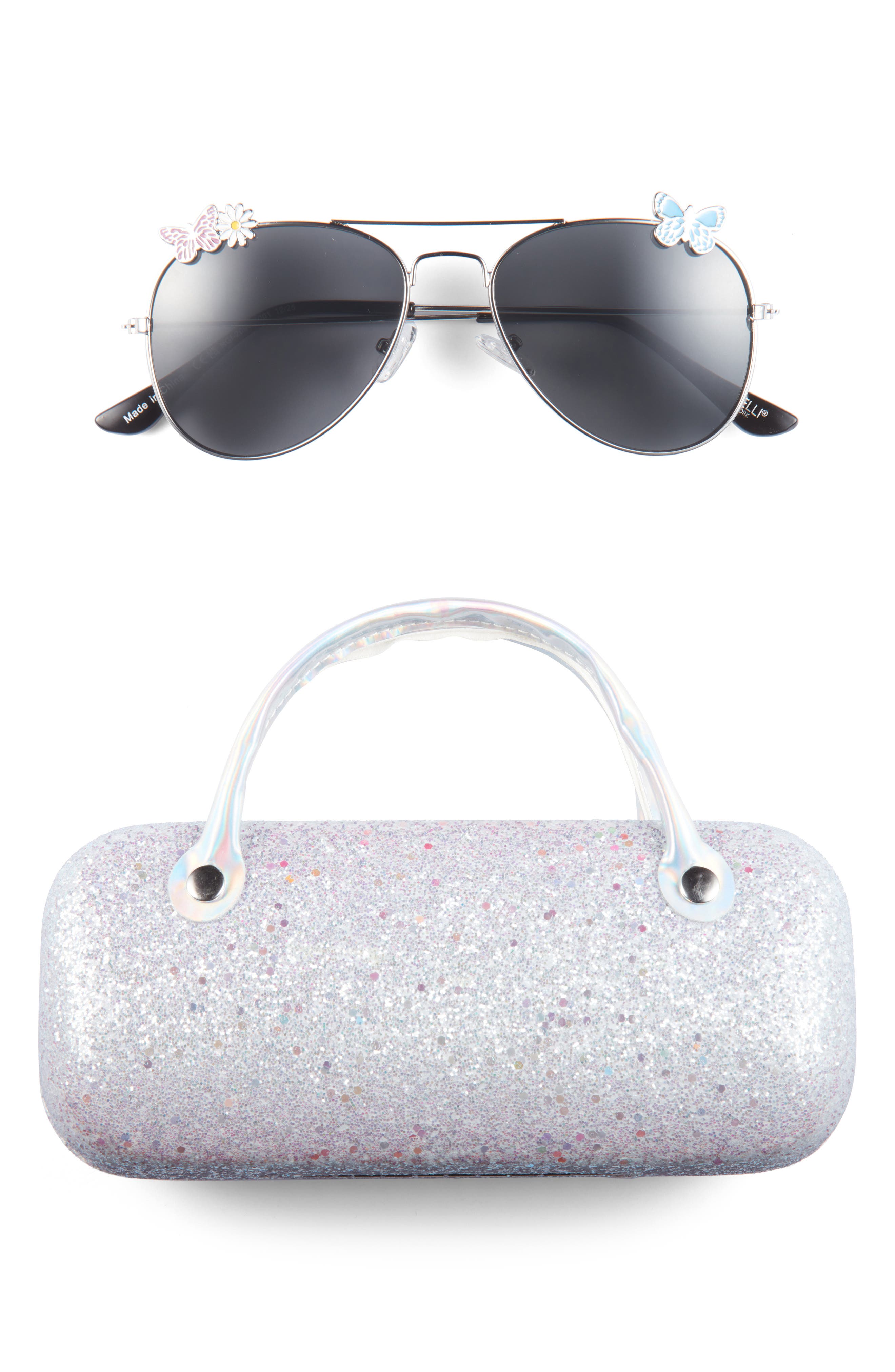 Capelli New York Kids' Butterfly Aviator Sunglasses & Glitter Case Set