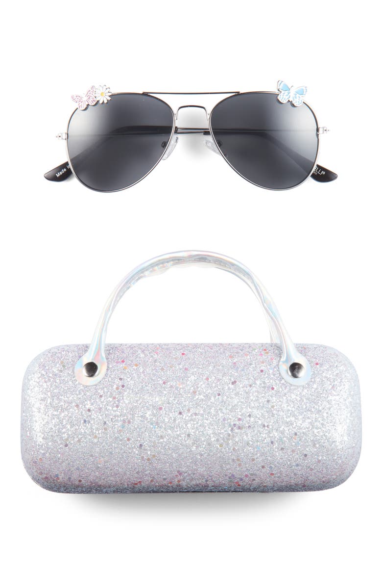 Kids' Butterfly Aviator Sunglasses & Glitter Case Set, Main, color, PURPLE COMBO