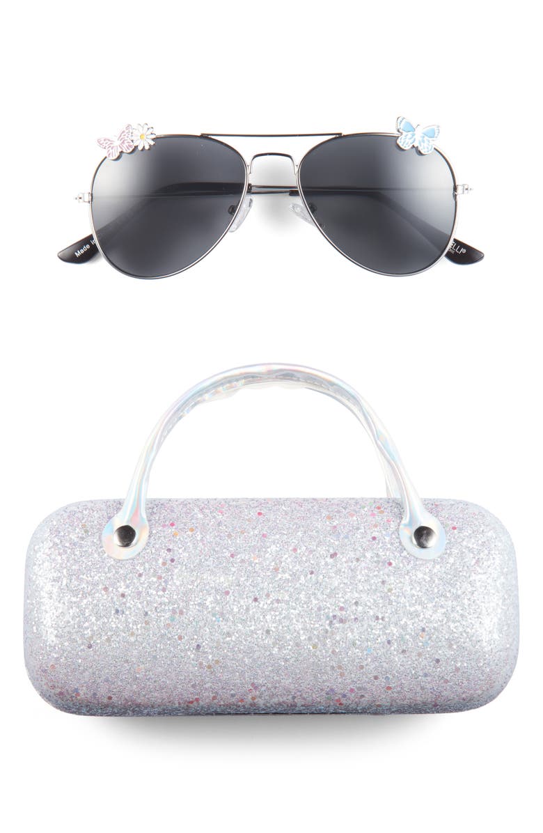 Capelli New York Kids' Butterfly Aviator Sunglasses & Glitter Case Set, Main, color, Purple Combo