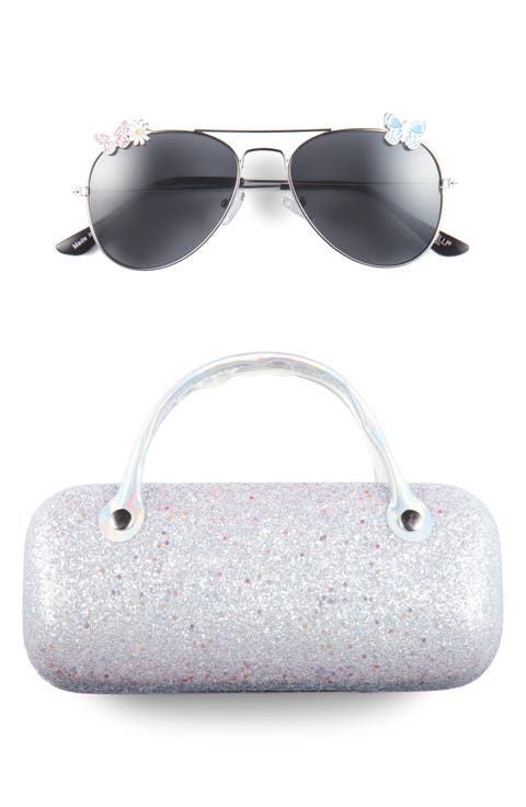 Kids' Butterfly Aviator Sunglasses & Glitter Case Set