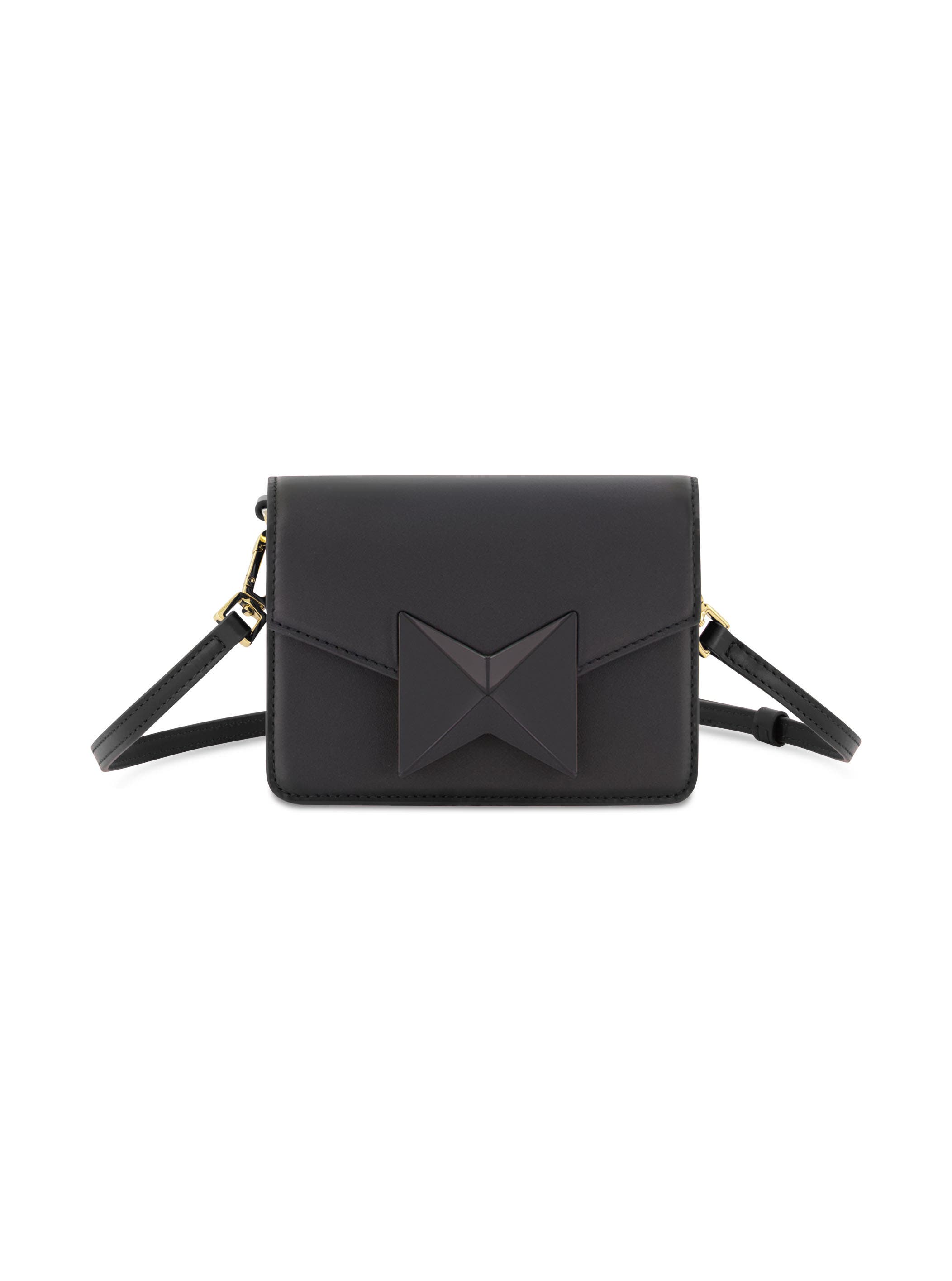 Mac Duggal Mini Leather Gold Strap Crossbody Bag, Alternate, color, Black