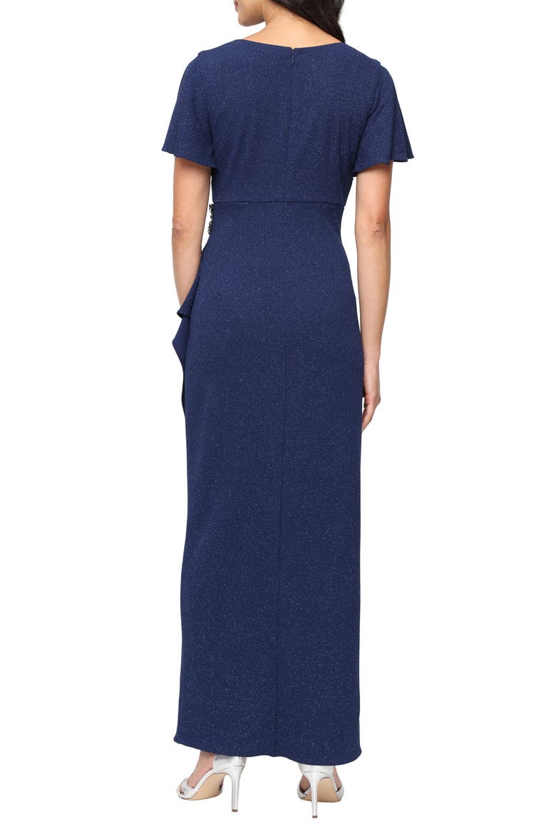 Flutter Sleeve Glitter Gown, Alternate, color, NAVY
