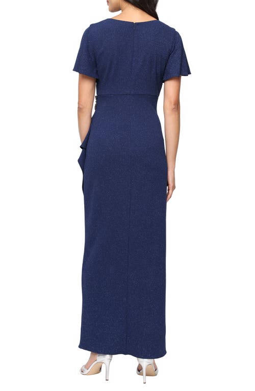 Sl Fashions Flutter Sleeve Glitter Gown In Blue