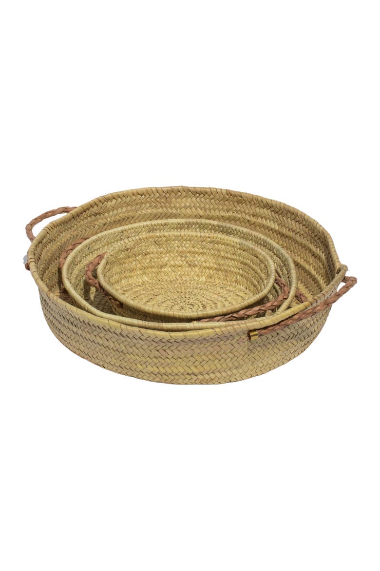 Handwoven Palm Tray with Leather Handles, Main, color, Natural
