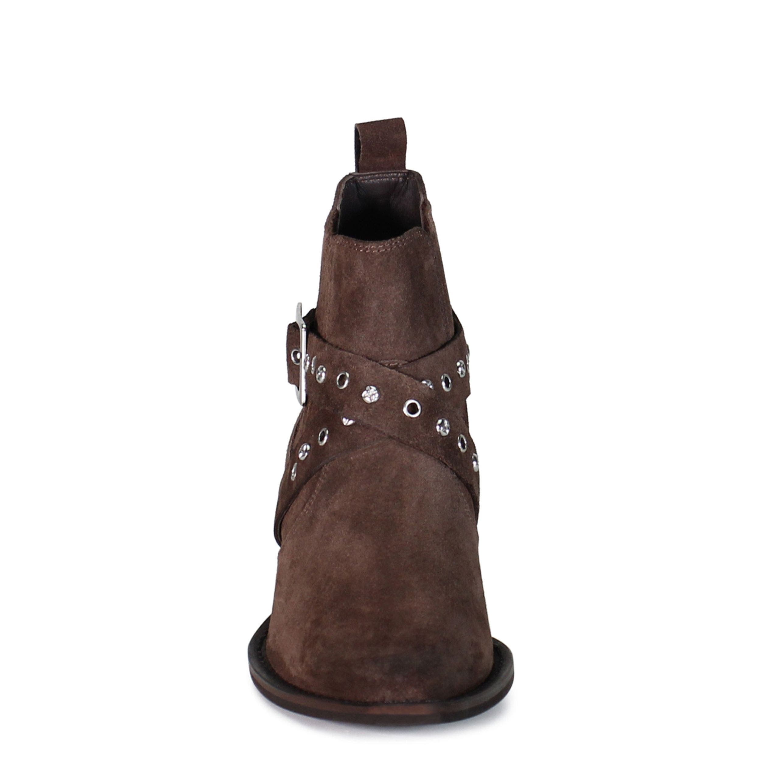 FUNKY TUNE Suede Studded Ankle Bootie, Alternate, color, Chocolate