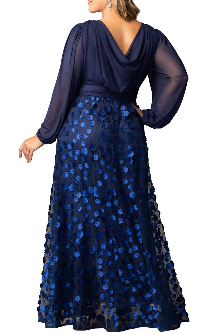 Blossoming Beauty Long Sleeve Mesh Evening Gown, Alternate, color, NAVY BLOSSOMS