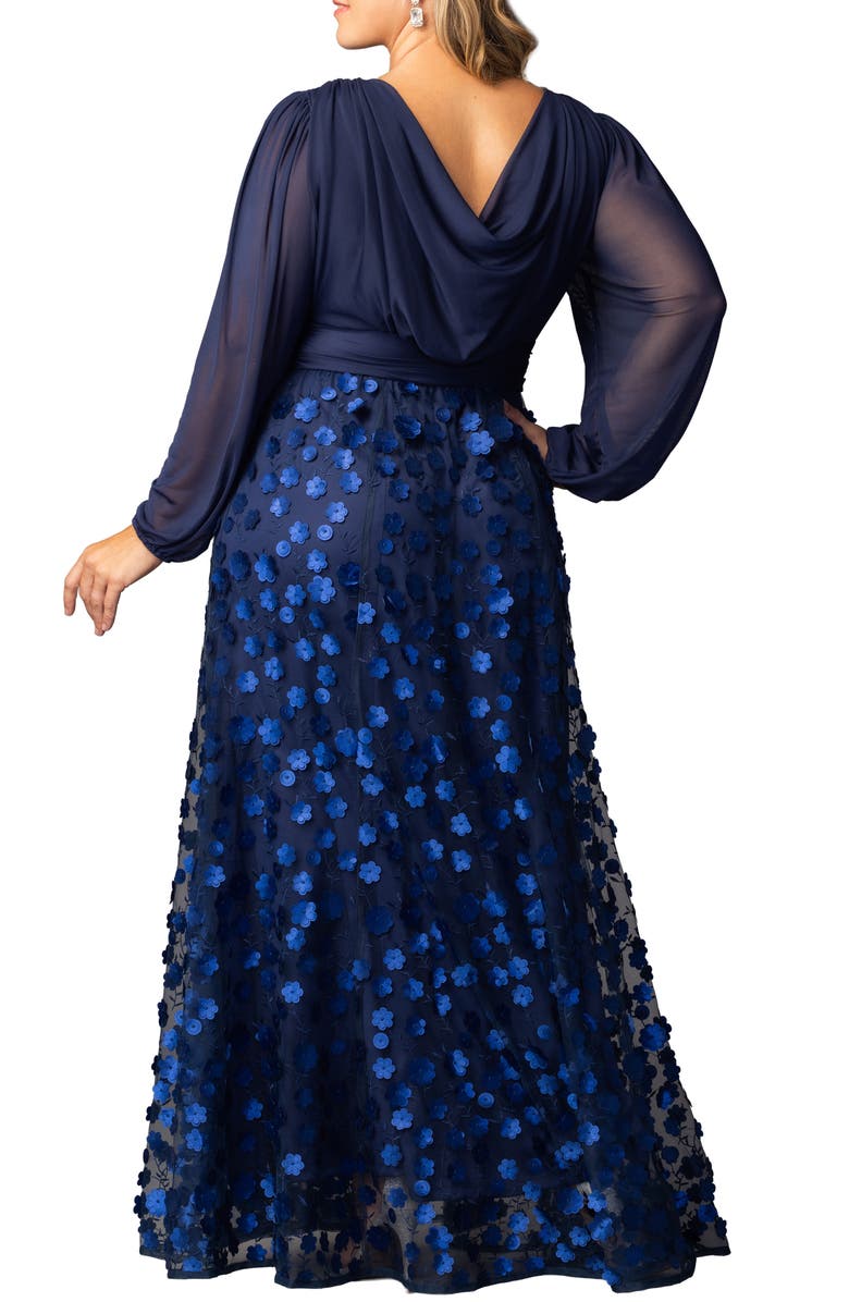 Kiyonna Blossoming Beauty Long Sleeve Mesh Evening Gown, Alternate, color, Navy Blossoms